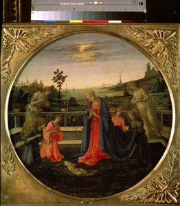 Tilbedelsen af ​​Kristusbarnet. Jesus Kristus barn tilbedt af Jomfru Maria og englene. Maleri af Filippino Lippi (1457-1504), ca. 1480. Tempera på kobber. Florentinsk kunst, renæssanceperiode. Eremitagemuseet, Saint Pet af Filippino Lippi