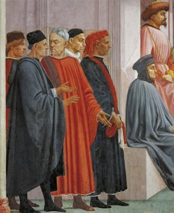 Mænd i middelalderdragt, detalje fra The Raising of the Son of Theophilus, af Tommaso Masaccio, fresco af Filippino Lippi