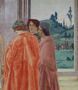 Striden med Simon Mago og St. Peters korsfæstelse Detalje af tre skikkelser, der ser på korsfæstelsen, centralt portræt, der menes at være af Filippinernes lærer Botticelli, fresko omkring 1480, se også 6