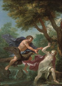 Et skovklædt flodlandskab med Jupiter, der jagter en flodnymfe