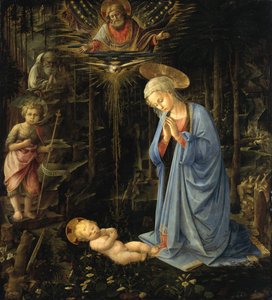 Jomfruen tilbeder barnet / Tilbedelsen i skoven, Den hellige familie med den unge Johannes af Filippo Lippi