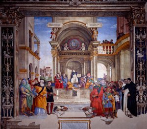 Sankt Thomas Aquinas triumf over kætterne I baggrunden udsigt over Sankt Johannes Lateranbasilikaen med ryttermonumentet for Marc Aurele. Thomas Aquinas er omgivet af fire kvindeskikkelser, der repræsenterer filosofi, astronomi, teologi og