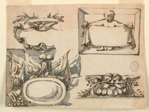 Tegning, Et våbenskjold, et trofæ, en etiket, et dekorativt motiv til en frise, 1750-75 af Filippo Marchionni