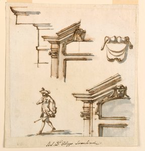 Tegning, arkitektoniske detaljer og figurstudie, 1760-75 af Filippo Marchionni