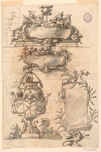 Tegning, To våbenskjold, dekorativ vase og en skriftrulle, 1750-75 af Filippo Marchionni