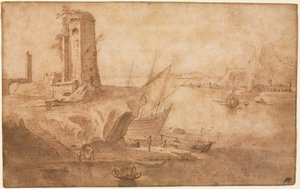 Landskab med tårn ved kysten, 1600-1614.