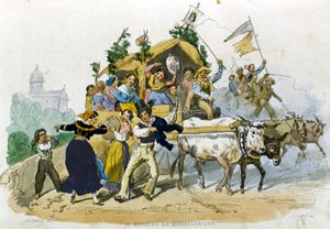 Napolitanerne kommer glade tilbage fra udflugten til Montevergine. Tegning af F. Palizzi fra "Costumi del regno di Napoli"" af De Bourcard af Filippo Palizzi