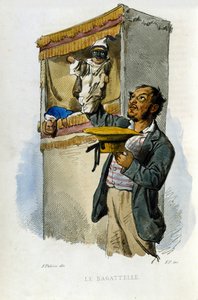Lille virksomhed i byen Napoli: dukkeføreren. Stik efter maleri af F. Palizza. Fra et værk af Francesco de Bourcard "" Costumi del regno di Napoli"" af Filippo Palizzi