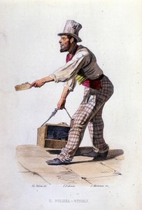 Lille virksomhed i byen Napoli: skopudseren. Stik efter maleri af F. Palizza. Fra et værk af Francesco de Bourcard "" Costumi del regno di Napoli"" af Filippo Palizzi