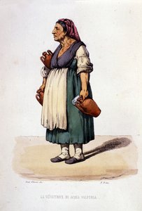 Lille virksomhed i byen Napoli: gående sælger af svovlvand. Stik efter maleri af F. Palizza. Fra et værk af Francesco de Bourcard "" Costumi del regno di Napoli"" af Filippo Palizzi