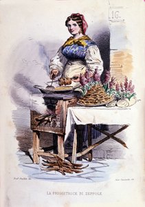 Lille virksomhed i byen Napoli: gående sælger fra zeppolle, specialpatisserie i Napoli. Stik efter maleri af F. Palizza. Fra et værk af Francesco de Bourcard "" Costumi del regno di Napoli"" af Filippo Palizzi
