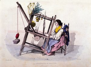 Lille virksomhed i kongeriget Napoli: ung kvinde fra Sorrento, der væver bånd. Stik efter maleri af F. Palizza. Fra et værk af Francesco de Bourcard "" Costumi del regno di Napoli"" af Filippo Palizzi