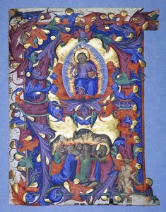 Et stort historisk "A" med en skildring af Kristi Himmelfart, ca. 1450