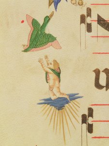 Missal 515 f.13v En kappet kerub, der forsøger at fange en flyvende fugl, fra en dekorativ kant, detalje fra en korbog udført før 1449 vellumdetalje af 56721