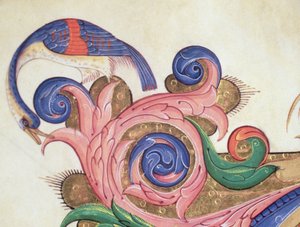 Missal 515 f.169r Fantastisk fugl, der kigger rundt i løv, detalje af dekoration omkring en historisk initial fra en korbog udført før 1449 vellumdetalje af 56720