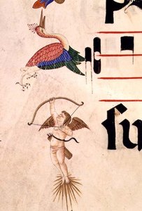 Missal 515 f.5r En kerub skyder en stork med bue og usynlig pil, detalje af dekorativ kant fra en korbog udført før 1449 (vellum)