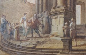 Genrescene, olie på træ, detalje af salonens vinduesskodder, Dronningens lejlighed, Jagtbolig, af Filippo Juvarra (1678-1736), Stupinigi, Piemonte, Italien