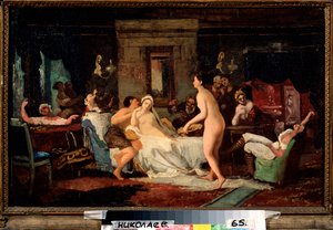 Eve of the Wedding Party in a Bath - Maleri af Firs Sergeevich Zhuraviev (1836-1901), olie på lærred 1885, russisk kunst