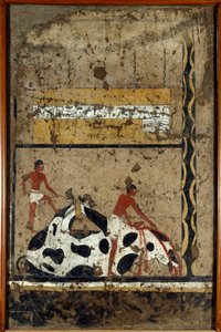 Egyptisk antiquitis: en tyr ofres foran en sarkofag. Detrempe på ler og halm fra graven til kong Itis general og kansler i El Ghebelen nær Luxor. 2200-2000 f.Kr. Torino, egyptisk museum