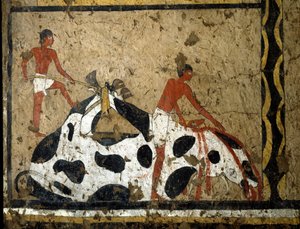 Egyptisk antikvitet: en tyr ofres foran en sarkofag. Detrempe på ler og halm fra graven for general og kansler for kong Iti i El Ghebelen nær Luxor. 2200-2000 F.KR. Torino, det egyptiske museum