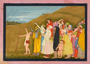Krishna og hans familie beundrer en solformørkelse, måske en side fra "Kangra/Modi" <em>Bhagavata Purana</em> af First generation after Nainsukh