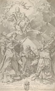Skytshelgener for Bologna ser opad på Jomfruen, der sidder i skyerne med..., 1640-50.