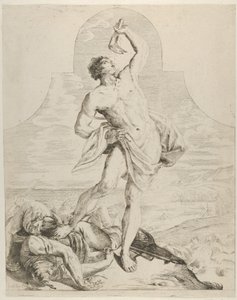 Samson holder kæbebenet af et æsel over hovedet og står ved siden af filierne..., ca. 1640-60.