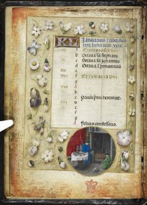 Tilføj MS 38126 f.1v Kalender-side for januar, med en rund miniature af to mænd, der varmer sig før en ild, fra en 