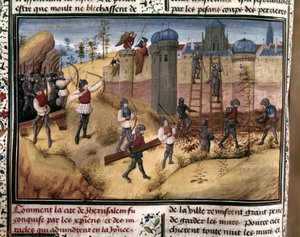 KRUSADES: "Korsfarerne bestiger Jerusalems mure". Fra "Histoire des Cr... af Flemish School