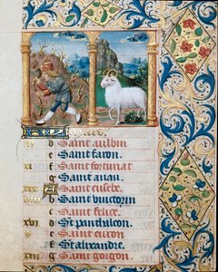 Kalender, marts måned, en sående bonde og belieren. Side taget fra en timebog ms. 47, oplyst af den flamske skole. Badia di 