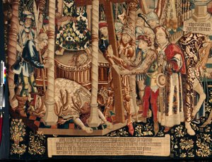 Katedralen (The Seo. Ca tedraal of the Savior of Zaragoza). Gobelinmuseet. flamsk gobelin. Legenden om det hellige kors (Legenden om det hellige kors, om legenden om det hellige kors). Detalje. Ca. 1450. 430x1120cm. af Flemish School