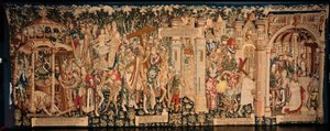 Katedralen (La Seo, Catedral del Salvador de Zaragoza). Gobelinmuseet. flamsk gobelin. Legenden om det hellige kors (La leyenda de la Santa Cruz). Ca. 1450. 430x1120cm. af Flemish School
