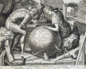 Karakterer, der læner sig over kloden med comppas (allegori for geometri) - gravering, Flandern af Flemish School