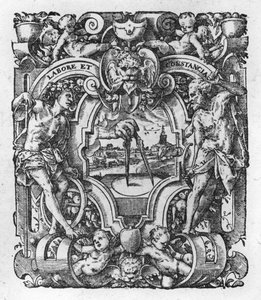 Christophe Plantins trykmærke, illustration fra Works by Tacitus, 1607 af Flemish School