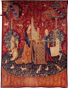 Gardin af Enhjørningens Dame (Enhjørningens Dame): hørelse. Uld og silketæppe fremstillet mellem 1484 og 1500. Fra Chateau de Boussac, Creuse. Svag. 3,7x4,7 m. Paris, Nationalmuseet for middelalderen, Thermes de Cluny af Flemish School