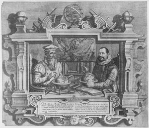 Dobbeltportræt af Gerard Mercator (1512-94) og Jodocus Hondius (1563-1612) indgraveret til optagelse i Mercator og Hondius serie af atlas, 1619 (se også 10457 og 30866 af Flemish School