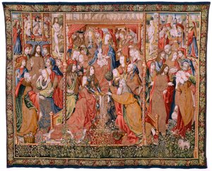 flamsk gobelin. Serie episoder fra The Life of the Virgin. Profetierne bliver opfyldt ved Kristi fødsel (Opfyldelse af profetierne ved Guds Søns fødsel). Første gobelin i serien. Modeller tilskrevet Jan von Roome (eller van B af Flemish School