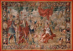 flamsk gobelin. Serien Esau og Jakob. Laban leder efter de stjålne idoler. Andet gobelin i serien. Fremstiller Holland. Anden halvdel af 1500-tallet. Uld stof. Placering Saint Nicholas Kirke (Bari) af Flemish School