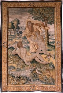 flamsk gobelin. Serien Genesis eller The Creation Man. Gud skaber kvinden og introducerer hende for Adam (Dios crea a la mujer y la presenta a Adán). Model baseret på Michiel Coxcie. Fremstilling af Jan Aerst i Bruxelles. Ca 1630. Stof Silke og uld. af Flemish School