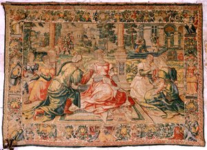 flamsk gobelin. Serien Mark Anthony og Cleopatra. Cleopatra og hendes hof (Cleopatra en su corte). Modeltegnefilm tilskrevet Pieter Coecke van Aelst. Fremstilling Bruxelles(?). Anden halvdel af 1500-tallet. Stof Silke og uld. Størrelse 310 x 435 cm. Oprind af Flemish School