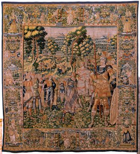 flamsk gobelin. Serien Story of Cyrus. No II Astyages genkender Cyrus (Ciro reconocido por Astiages). Anonym, baseret på Michiel Coxcie. Atelier Antwerpen. Silke og uld. Omkring 1590. af Flemish School