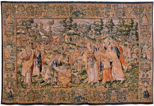 flamsk gobelin. Serien Story of Cyrus. No VI Tomyris beordrer Cyrus hoved til at blive dyppet i et blodkar (Tomiris manda sumergir la cabeza de Ciro en un recipiente lleno de sangre). Anonym, baseret på Michiel Coxcie. Atelier Antwerpen. Silke og woo af Flemish School