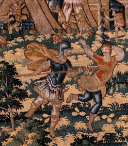 flamsk gobelin. Serien Story of Cyrus. Ingen V Kamp mellem to krigere og Cyrus død (Combate de dos guerreros y muerte de Ciro). Anonym, baseret på Michiel Coxcie. Atelier Antwerpen. Silke og uld. Omkring 1590. af Flemish School