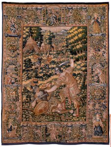 flamsk gobelin. Serien Story of Cyrus. Ingen V Kamp mellem to krigere og Cyrus død (Combate de dos guerreros y muerte de Ciro). Anonym, baseret på Michiel Coxcie. Atelier Antwerpen. Silke og uld. Omkring 1590. af Flemish School