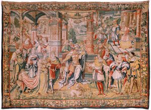 flamsk gobelin. Serien Story of David. David før Saul (David ante Saúl). Model af Bernard van Orley. Fremstilling Bruxelles. Ca1525. Stof Silke og uld. Størrelse 560 x 410 cm. Beliggenhed Burgos katedral. Oprindelse Et legat til katedralen i 1535 af Card af Flemish School