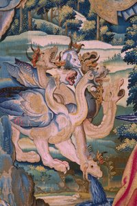 flamsk gobelin. Serie The Apocalypse: Saint Michael besejrer dragen. Atelier Willem Dermoyen, Bruxelles. Ca 1553-1555. Detalje. af Flemish School