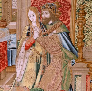 flamsk gobelin. Serien Davids og Batsebas historie. Ægteskab mellem David og Bathsheba (Casamiento de David y Betsabé). Andet panel i serien. Anonym model. Fremstilling ukendt, Bruxelles. 1505. Stof Guld, silke og uld. af Flemish School