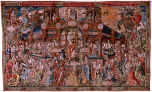 flamsk gobelin. Serien The Honours. Dyd (La Virtu, El Vicio). Ottende gobelin i serien. Modeltegnere fra Bernard van Orleys og Jan Gossaerts kreds (Mabuse). Fremstilling Pieter van Aelst, Bruxelles. Ca 1550. Stof Guld, sølv, silke a af Flemish School