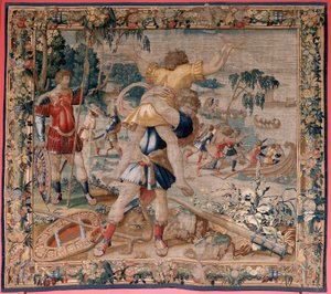 flamsk gobelin. Serien The Labours of Hercules. Hercules og Antaeus (Hércules y Anteo). Fjerde gobelin i den eksisterende serie. ; Model ukendt. Fremstilling Willem Dermoyen, Bruxelles. Ca 1528. Stof Silke og uld. Størrelse 362 x 403 cm. Beliggenhed Royal  af Flemish School