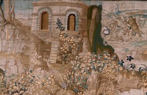 flamsk gobelin. Serien The Labours of Hercules. Hercules fanger Cerberus (Hércules captura a Cancerbero). Sjette gobelin i den eksisterende serie. Model ukendt. Fremstilling Willem Dermoyen, Bruxelles. Ca1528. Stof Silke og uld. Størrelse 345 x 390 cm. Loc af Flemish School
